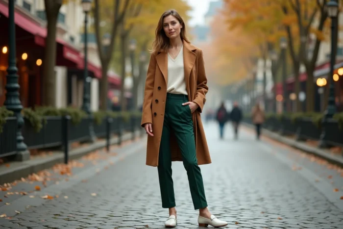 Femme élégante en manteau camel et pantalon vert forêt sur une rue pavée parisienne en automne, illustrant les tendances mode de la saison