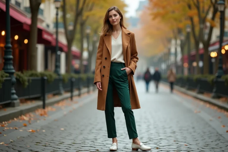 Femme élégante en manteau camel et pantalon vert forêt sur une rue pavée parisienne en automne, illustrant les tendances mode de la saison