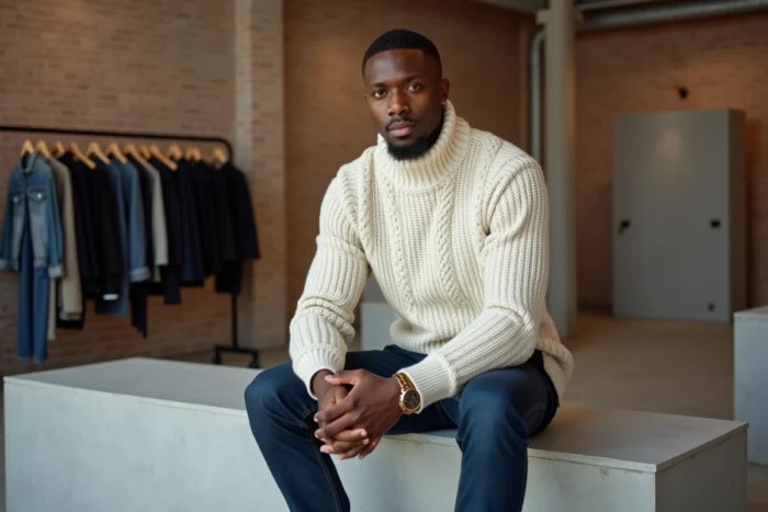 Homme stylé en pull col roulé ivoire et jean indigo assis dans un concept store minimaliste, représentant les tendances mode masculines de la saison