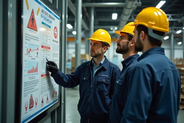 Groupe de travailleurs consultant un tableau de bord de taux de fréquence des accidents dans une usine de fabrication