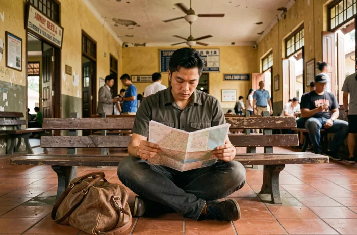 Voyageur consultant une carte dans une gare ferroviaire vintage en Asie du Sud-Est, capturant l'esprit du wanderlust et du voyage spontané