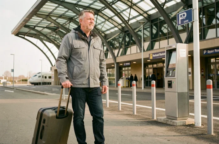 Voyageur avec valise traversant le passage piéton entre le parking et l'entrée de la gare de Valence TGV