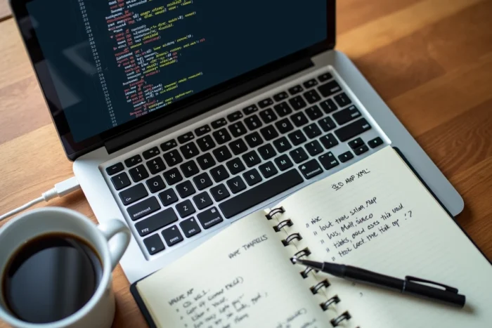 Vue aérienne d'un bureau avec un fichier sitemap XML ouvert sur un ordinateur portable entouré de notes SEO