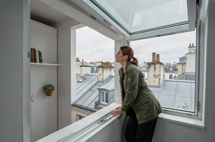 Vue sur les toits de Paris depuis une fenêtre de chambre de bonne avec locataire regardant les toits en zinc typiques