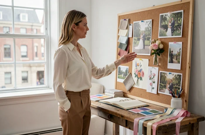 Wedding planner professionnelle présentant un tableau d'inspiration pour un mariage dans un studio de création avec échantillons de tissus et photos de lieux